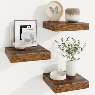 Imagem de Prateleiras quadradas flutuantes para parede, 25 cm L x 25 cm P x 3 cm A, 3 pacotes de pequenas prateleiras de madeira projetadas montadas na parede com suportes invisíveis para sala de estar, quarto