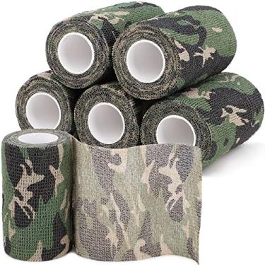 Imagem de Treaful Fita de camuflagem selva camuflada, bandagem de camuflagem autoadesiva de 6 rolos para acampamento militar ao ar livre, 10 cm x 4,5 m tira de aderência furtiva de 5 jardas para caça arma de tiro arco lanterna rifleskins bicicleta