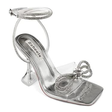 Imagem de Zzheels Sandálias de cristal com laço duplo transparente, salto alto, bico quadrado, para festa de casamento, Prata de 9 cm, 39