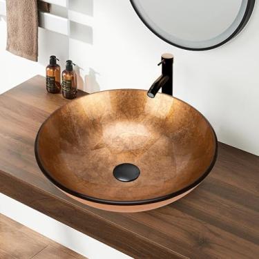 Imagem de YIMAI Pia de vaso de vidro dourado de 40,6 cm, tigela de pia de banheiro de vidro temperado acima do balcão, lavatório de bancada com torneira correspondente e ralo pop-up incluído, fácil instalação