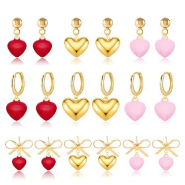 Imagem de QLYOVWE Conjunto de 9 pares de brincos de coração para mulheres, laço delicado, banhado a ouro 14 K, minimalista, rosa, vermelho, branco, joias temáticas, presentes, Medium, Metal, Sem pedra preciosa