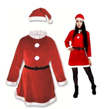 Imagem de Fantasia de Mamãe Noel Vestido Feminino Roupa de Natal Gorro - MultiaA