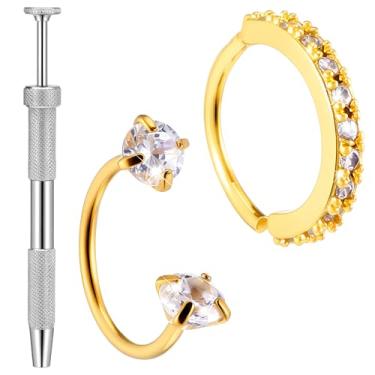 Imagem de Tucnoeu 2 argolas douradas para nariz, argola trágus de aço cirúrgico de 20 g, argola de brinco de cartilagem, anel de septo de gema dupla com 1 peça de ferramenta para agarrar bola de piercing