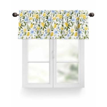 Imagem de Cortina de cozinha amarela limão para janela flores azuis folha bolso haste sanefa cozinha tratamento de janela para quarto sala de estar 107 x 30 cm