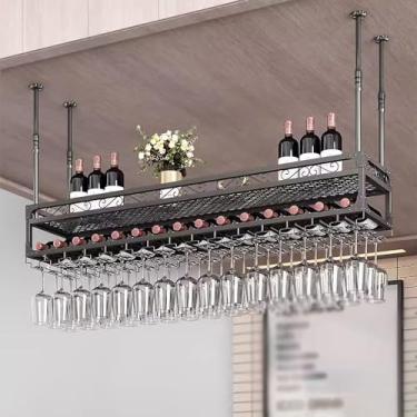 Imagem de Rack de copo de vinho de teto, rack de vinho ajustável de 30 a 59,9 cm de altura com suporte de vidro, suporte de garrafa de vinho suspenso de metal, para cozinha de bar (cor: preto, tamanho: 100 x 30