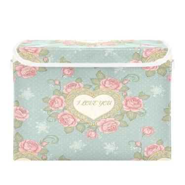 Imagem de Burbuja Caixa de armazenamento Roses Heart com tampa e alças, grande caixa de armazenamento dobrável para prateleiras armário quarto escritório organizador