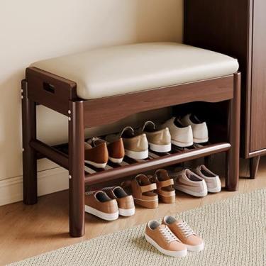 Imagem de Banco de entrada de madeira com armazenamento - Rack organizador de sapatos à prova de intempéries com almofada de assento acolchoada para sala de estar, quarto, corredor, apartamento (nogueira, 60 cm