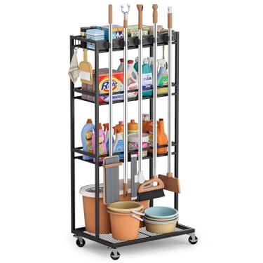 Imagem de Olakee Suporte de vassoura mais alto com organizador de materiais de limpeza, armário de armazenamento de armário de vassoura com gancho de esfregão, ganchos de cremalheira, carrinho de limpeza