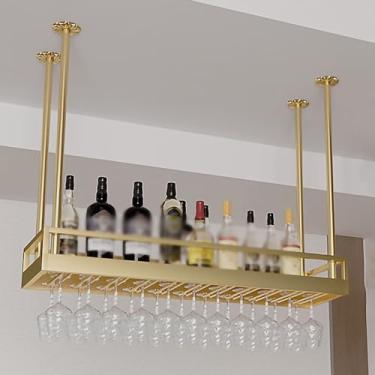 Imagem de Rack de vinho suspenso com suporte de vidro, rack de vidro de vinho de teto, suporte de garrafa de vinho de metal, rack de armazenamento de copo de vinho, para bar, cozinha (cor: ouro, tamanho: 120 cm