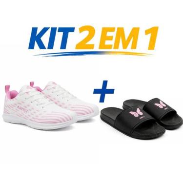 Imagem de Kit Tênis Esportivo Feminino Caminhada Leve Confortável Chinelo Slide 