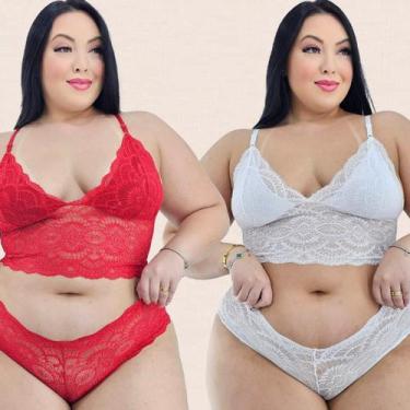 Imagem de Kit 2 Conjuntos Lingerie Plus Size Renda Sutiã Sem Bojo Calcinha Caleç