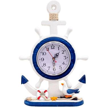 Imagem de Relógio de Mesa Relógio Decorativo Mesa Marítimo Âncora Timão Náutico 34cm Estilo Náutico Retrô Azul