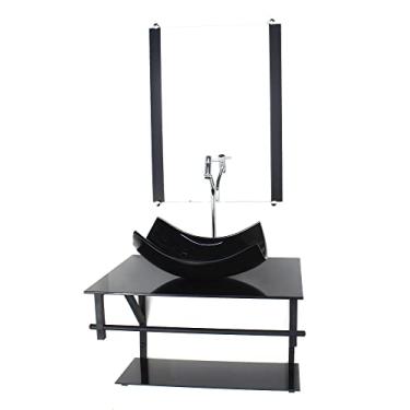 Imagem de GABINETE DE VIDRO PARA BANHEIRO 60CM AP CUBA RETANGULAR CURVADA PRETO FULL COM TORNEIRA CROMADA