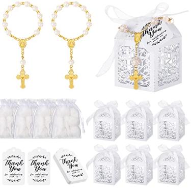 Imagem de Conjunto de 100 peças de lembrancinhas de batismo inclui 25 peças de mini rosário banhado a ouro, 25 peças de caixas de lembrancinha de batismo com corte a laser, 25 peças de sacos
