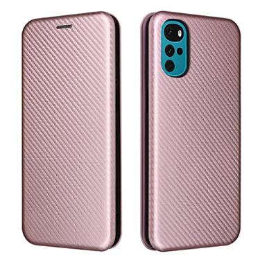 Imagem de Capa flip para Motorola Moto G22, capa híbrida de poliuretano de fibra de carbono TPU + capa carteira à prova de choque com alça, suporte, capa carteira para Motorola Moto G22, rosa