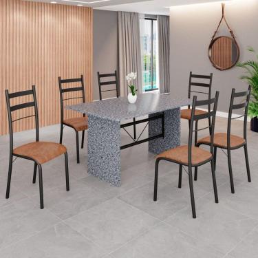 Imagem de Conjunto Sala de Jantar Mesa Retangular 140x75cm Tampo Granito Ocre 6 Cadeiras Marselha C. Marrom / Preto Fosco