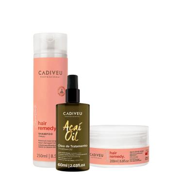 Imagem de KIT CADIVEU ESSENTIALS HAIR REMEDY SHAMPOO MáSCARA E AçAí OIL 110 (3 PRODUTOS) 