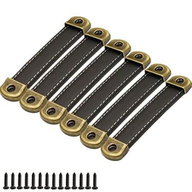 Imagem de Puxadores de gaveta de couro com capacidade de rolamento aprimorada de chapa de ferro, 6 peças Sinyiol puxadores de armário caixa de presente Puxadores de couro com parafusos roscantes (distância do