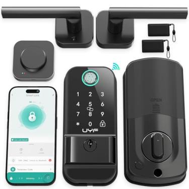 Imagem de Fechadura inteligente WiFi para porta da frente: fechadura de porta de entrada sem chave com conjunto de alça UYF teclado eletrônico de impressão digital fechadura de porta Alexa código de controle