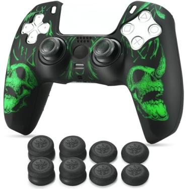 Imagem de YoRHa Capa de silicone esculpida a laser para controle PS5 x 1 (caveiras verdes) com alças exclusivas para polegar x 8