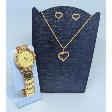 Imagem de Kit Relógio Feminino Aço Inox Strass Pedras Zircônias Analógico Dourad