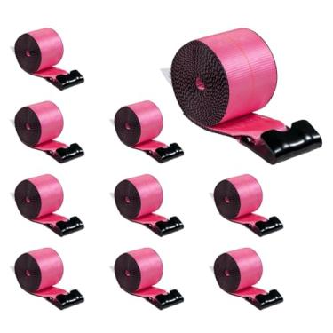 Imagem de Pacote com 10 correias de guincho rosa com ganchos planos Mytee Product 10 cm x 7,6 m - 2,449 kg WLL - Correias de amarração resistentes para controle de carga de 10 cm para caminhão de mesa