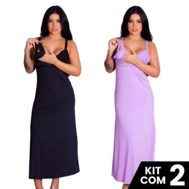 Imagem de Kit 2 Camisolas Longas de Amamentação Elegante Confortável Prático Lin