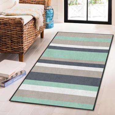 Imagem de Bribay Tapete de área, lavável e antiderrapante, 6 cm x 10 cm, listra geométrica, verde, azul, retrô, colorido, pequeno, interior, tapete de entrada, tapete para quarto, cozinha, banheiro, lavanderia,