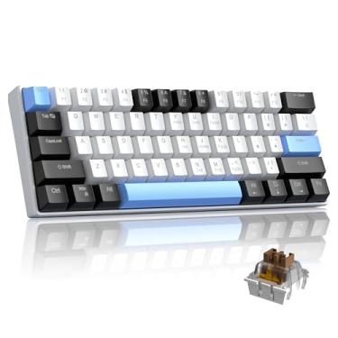 Imagem de Teclado 60% mecânico para jogos, teclas de cores mistas, teclado para jogos com interruptores marrons, mini teclado destacável tipo C com luz LED azul para PC/laptop