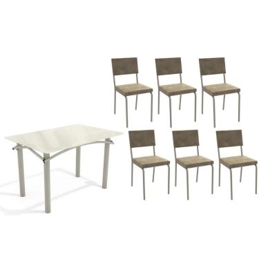 Imagem de Sala de Jantar Completa Elba Tampo Madeirado c/ Vidro 120cm e 6 Cadeiras Zaria Niquel/Off White - Suede Bege - Kappesberg