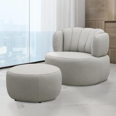 Imagem de Conjunto Sala De Estar Mariele Poltrona Base Giratória Aço Com Puff Couro Off White