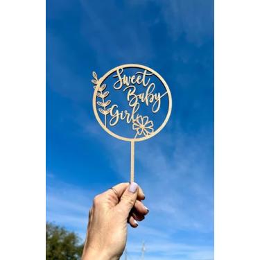 Imagem de Topper de bolo de madeira para meninas - Decorações de bolo It's a Girl para primeiro aniversário/chá de bebê/revela gênero para festa/adereços de cabine de fotos
