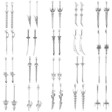 Imagem de 40 peças de espadas antigas marcadores de página de metal vintage pingentes de espada pingentes de faca prata chaveiro pingentes mini espadas antigas acessório para amantes de livros, presentes