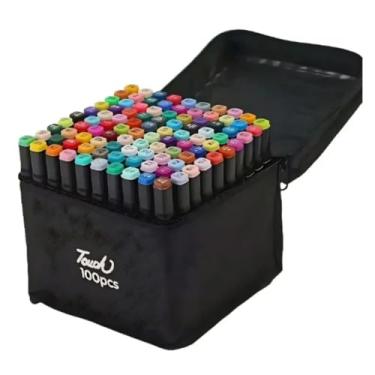 Imagem de 100 Canetas Marcadores para Colorir Desenho Professional, Pontas Duplas, Codificados por Cores, Kit Estojo Touch de Bônus, Canetinhas Marca Texto (100)
