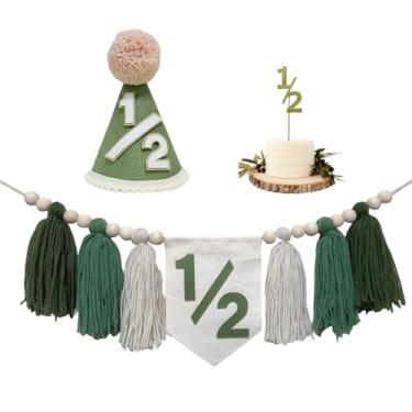 Imagem de Decorações de meio aniversário selvagem verde sálvia 1/2 faixa de cadeira alta com chapéu cone de 1/2 para roupa de 6 meses, decorações de aniversário de bebê menino