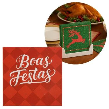 Imagem de Guardanapo De Natal Vermelho Estampado Boas Festas 25x25cm Folha Dupla Prime Pacote 20 Unidades