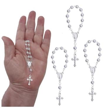 Imagem de 100 Mini Terços cm Pérolas 5mm entremeios Prateados para Mimos e Lembrancinhas Batizado Casamento Nascimento Natal (Branco)