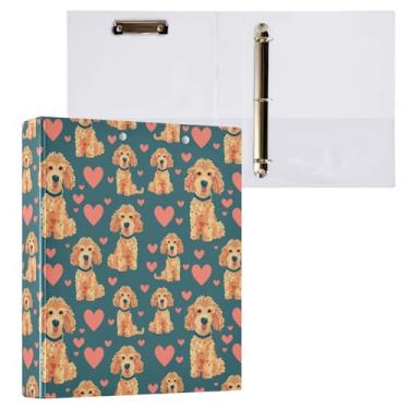 Imagem de Fichário de 3 anéis de cachorro e corações fofo Poodle com 3,8 cm decorativo de 3,8 cm com prancheta e 3 bolsos transparentes, comporta 200 folhas de papel tamanho A4 fichários à prova d'água para