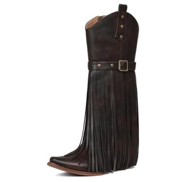 Imagem de Grakihily Botas de cowboy femininas retrô bico quadrado lateral com zíper bloco salto grosso borla country roupas de concerto botas vaqueiras ocidentais de panturrilha, B58/marrom, 36
