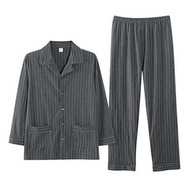 Imagem de ifgswopq Conjunto de pijama masculino listrado com botões, mangas compridas, macio, confortável, casual, loungewear (96293 4X)