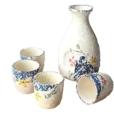 Imagem de JOEUQK Conjunto de copos de saquê japonês, 5 peças, cerâmica, cerâmica, tradicional, artesanato, taças de vinho, conjunto de saquê japonês com 1 garrafa de saquê e 4 copos de saquê