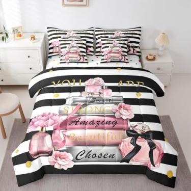Imagem de Erosebridal Conjunto de edredom preto e rosa com lençóis, solteiro, feminino, inspirador, fofo, para meninas, mulheres, preto e branco, listrado, moderno, 7 peças, conjunto de cama, livros, perfume