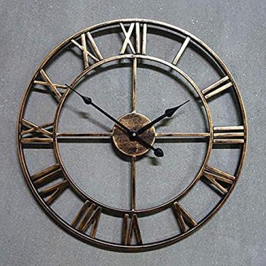 Imagem de QLDFX Relógio de parede arte relógio simples jardim relógio de parede jardim relógio de parede de metal número romano redondo ferro preto para sala de estar cozinha café casa escritório decoração