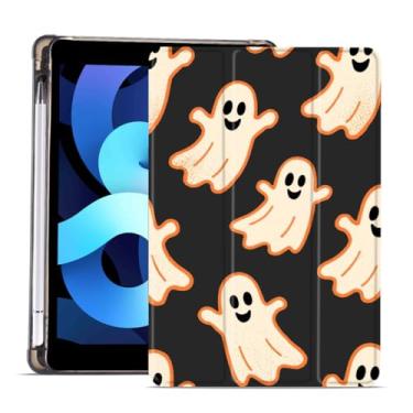 Imagem de MAYCARI Capa de Halloween para iPad de 10,2 polegadas 2021/2020/2019 com suporte para lápis, capa protetora traseira de TPU macio original Orange Ghosts iPad 9ª/8ª/7ª geração, capa protetora traseira