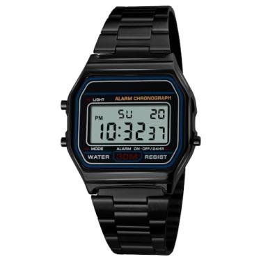 Imagem de VIGOROSO Relógio masculino feminino, vintage, retrô, dourado, aço inoxidável, digital, casual, alarme, cronômetro, Todo preto, Esportivo