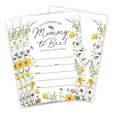 Imagem de Convites Mommy To Bee para chá de bebê - Convites florais e de abelha em aquarela com 15 enchimentos com envelopes e adesivos para meninas, jogos de revelação de gênero, lembrancinhas de festa e