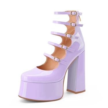 Imagem de Perisis Botas femininas plataforma Mary Janes salto alto bloco grosso cano curto bico fechado botas botas gótico lolita sapatos, Roxo claro, 35