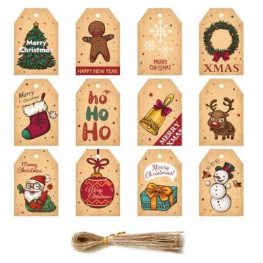 Imagem de 48 etiquetas de presente de papel de Natal com cordas, 6,6 cm x 4,6 cm, 12 estilos, etiquetas de presente de papel de feliz Natal, etiquetas com corda para lembrancinhas de festa, sacos de