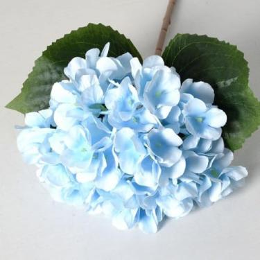 Imagem de Flores artificiais – Flor de seda com hastes hortênsias azuis, arranjos florais falsos para casa de banho, escritório, mesa, centro de mesa, prateleira, decoração de casamentos