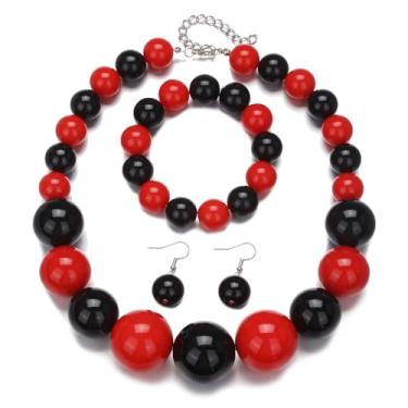 Imagem de Pingyongchang Conjunto de joias coloridas de contas grossas boho grande simulado colar de pérolas e brincos conjunto de brincos para festas de fim de ano, roupa de noiva para mulheres, Small, Resina